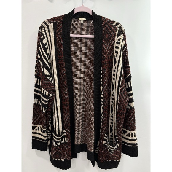 Ecote Open Cardigan Sweater Womens L Maroon Black Southwestern Boho Acrylic - Picture 1 of 9